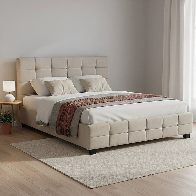 Linen Fabric Queen Deluxe Bed Frame Beige