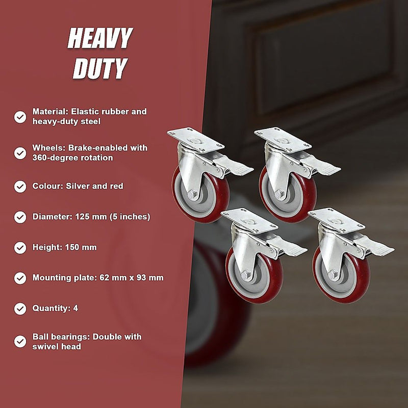 4 X 5" Heavy Duty 400kg Swivel Castor Wheels Trolley Furniture Caster All Brake