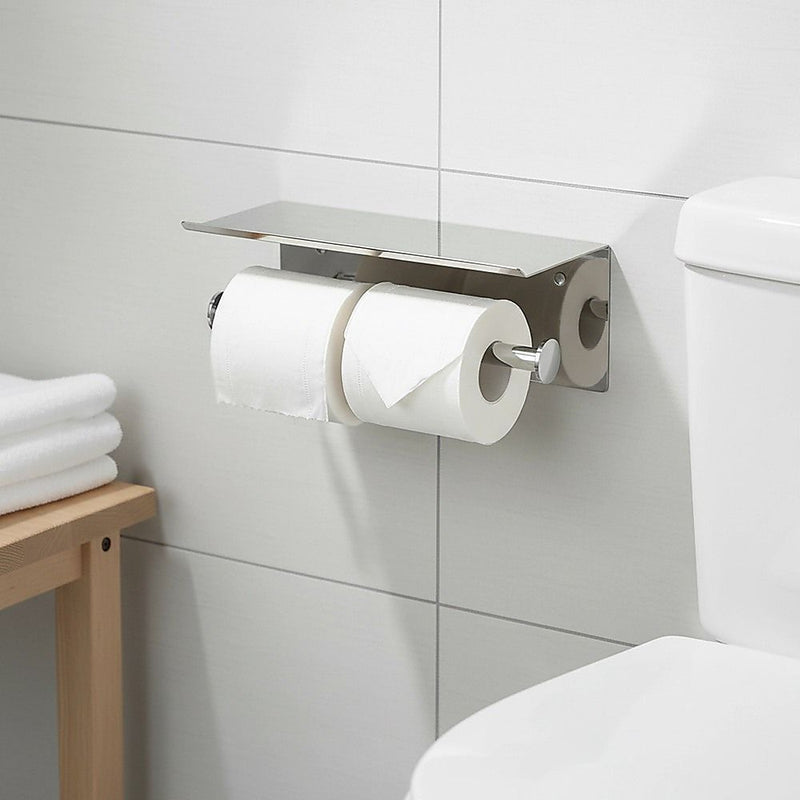 Stainless Steel Double Toilet Paper Holder Towel Roll Tissue Rack Storage Shelf