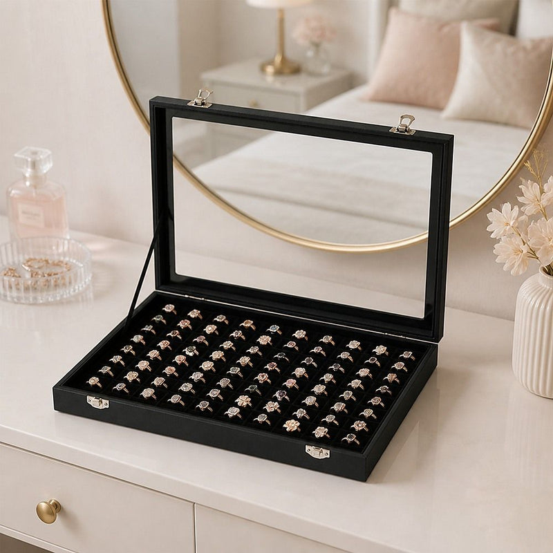 100 Slot Jewellery Display Box with Glass Lid for Rings, Earrings & Collectables