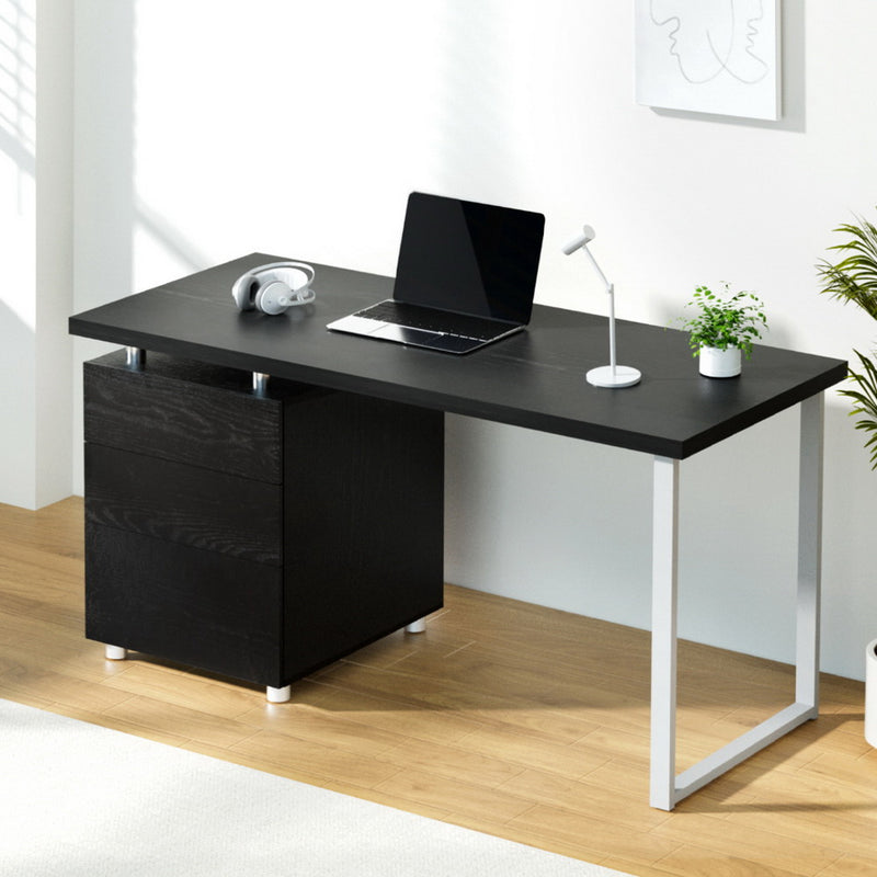 Artiss 140cm Computer Desk with Reversible 3-Drawer Cabinet – Black