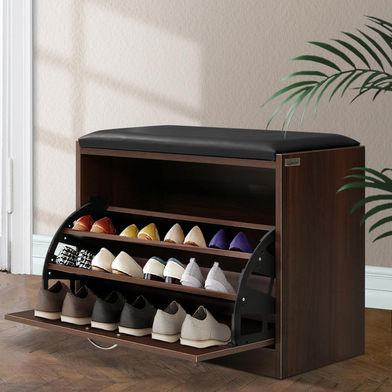 Artiss Shoe Rack Cabinet Bench15 Pairs Walnut Kyla