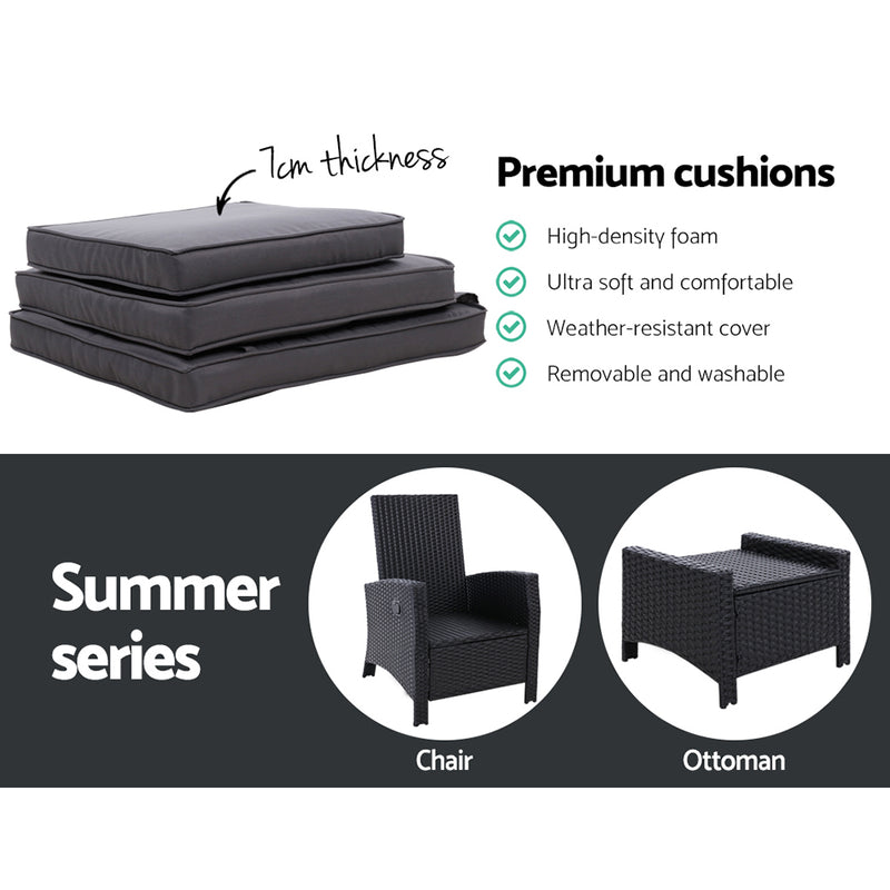 Gardeon 2PC Recliner Chairs Sun lounge Wicker Lounger Outdoor Furniture Adjustable Black