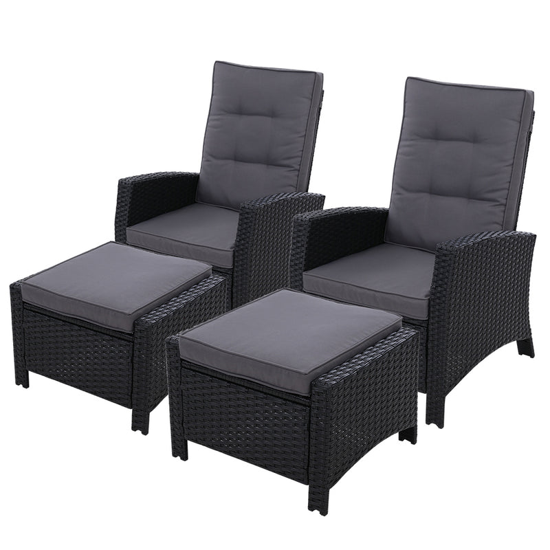 Gardeon 2PC Recliner Chairs Sun lounge Wicker Lounger Outdoor Furniture Adjustable Black