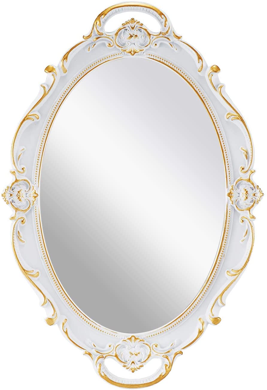 Oval Antique White 25 × 38 cm Vintage Carved Hanging Wall Mirror for Bedroom and Living-Room