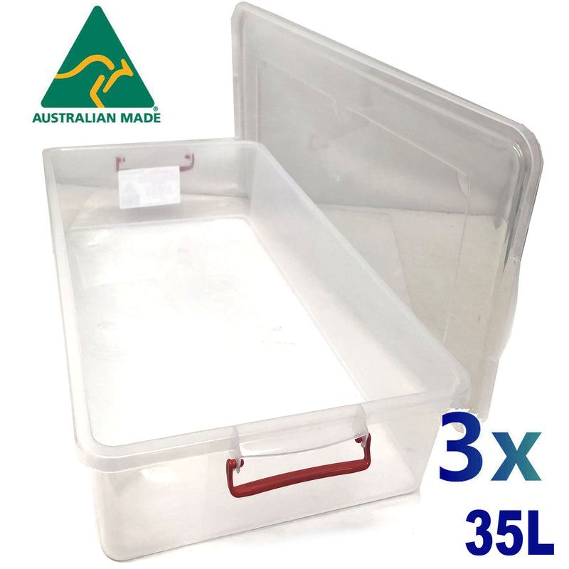3x 35L Australian Made Underbed Plastic Storage Tub Under Bed Box Large
