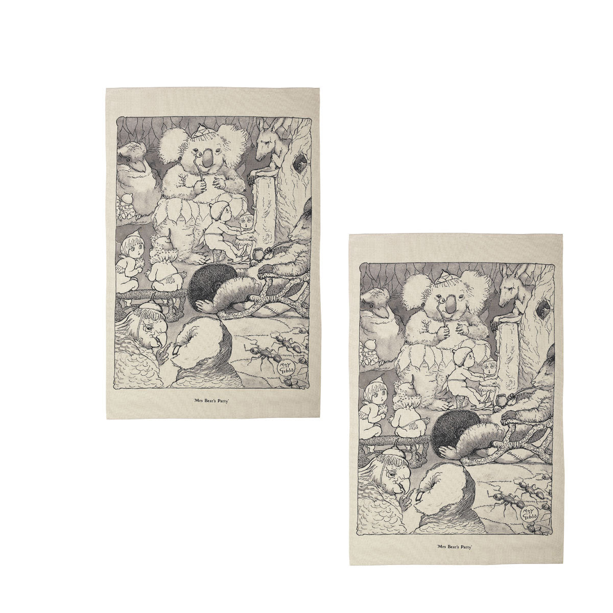 Set of 2 May Gibbs Mrs Bear's Party Cotton Heritage Tea Towels 50 × 70 cm