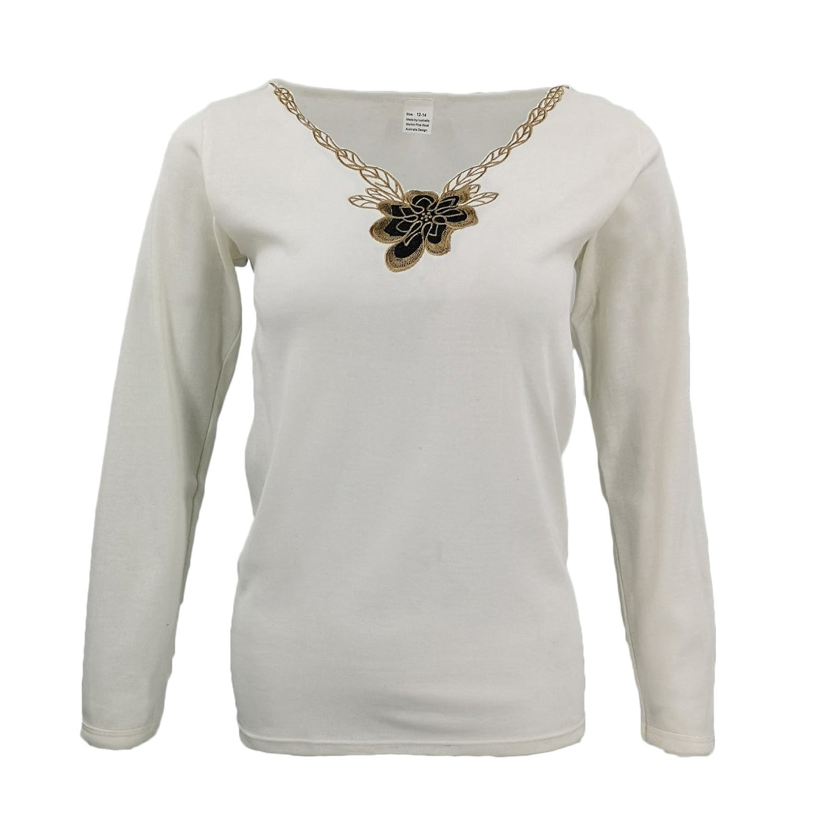 Women's Merino Wool Blend Floral Thermal Top – Beige, Size 18-20