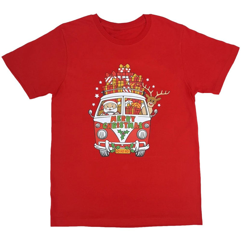 Adult Unisex Cotton Christmas T-Shirt – Santa Drive Kombi (Red), 2XL