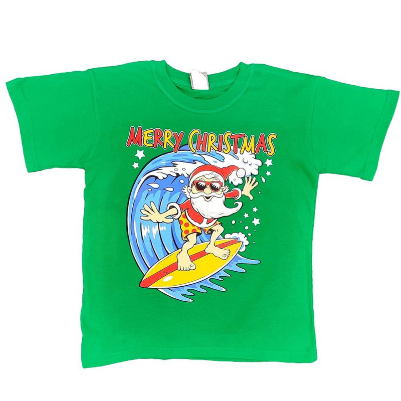 Adult Unisex Cotton Christmas T-Shirt – Santa Surf (Green), M