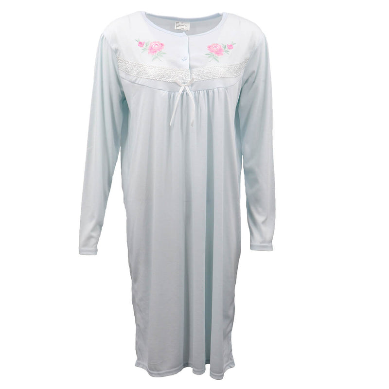 Women's Long-Sleeve Cotton Nightdress – Blue, Size 22