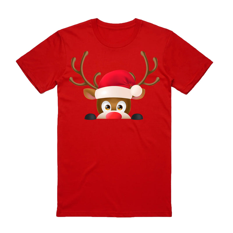 Adult Unisex Cotton Christmas T-Shirt – Reindeer Head (Red), M