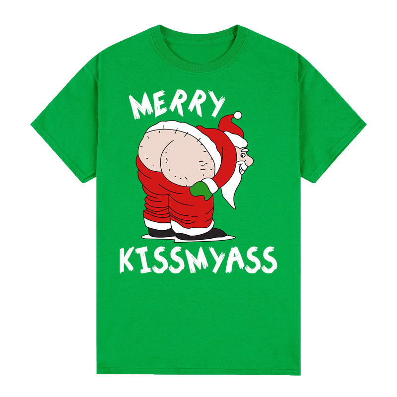 Adult Unisex Cotton Christmas T-Shirt – Merry Kissmyass (Green), XL