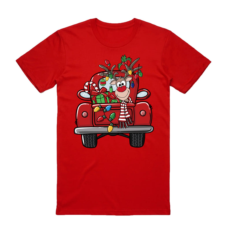 Adult Unisex Cotton Christmas T-Shirt – Car with Reindeer (Red), 2XL
