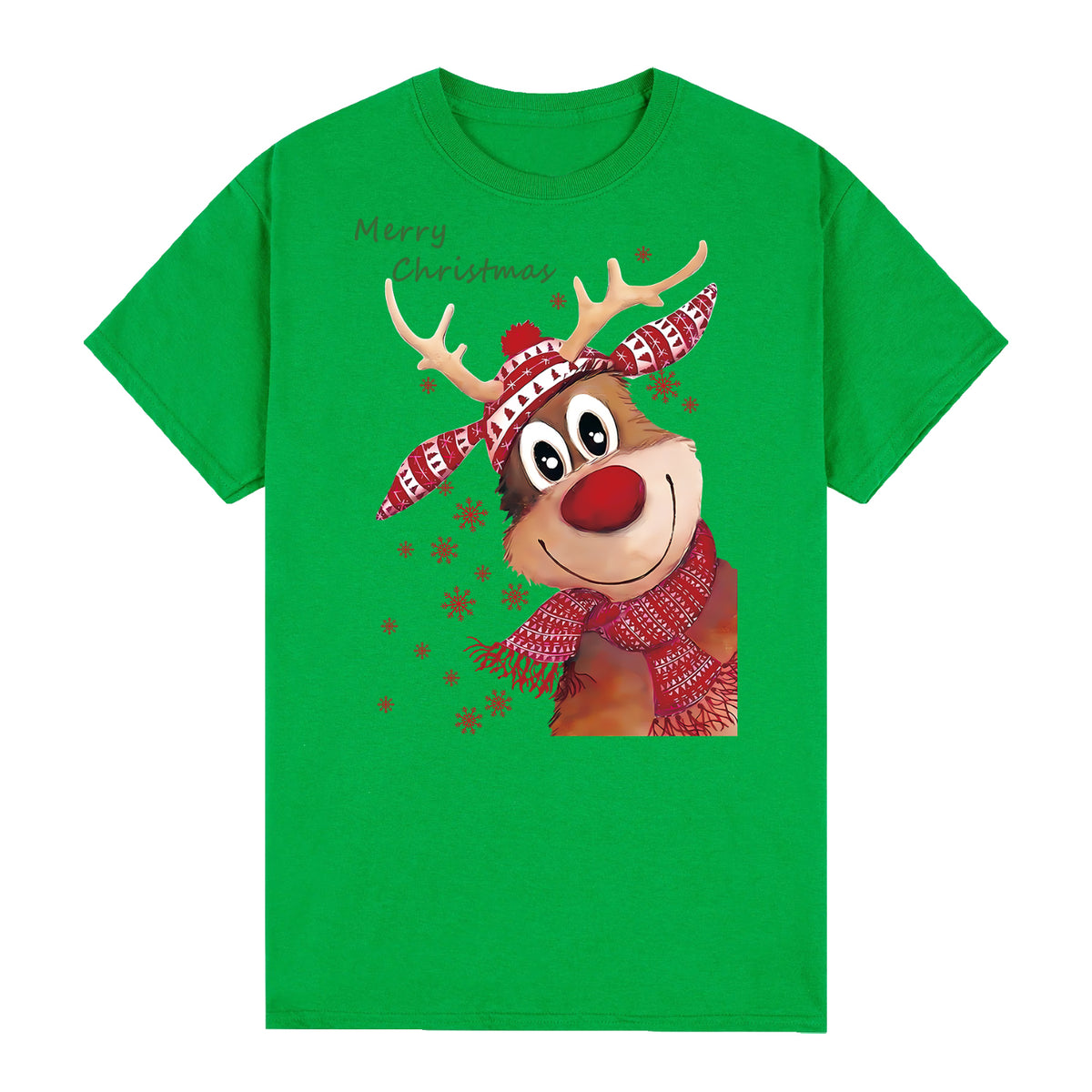 Adult Unisex Cotton Christmas T-Shirt – Reindeer (Green), 2XL