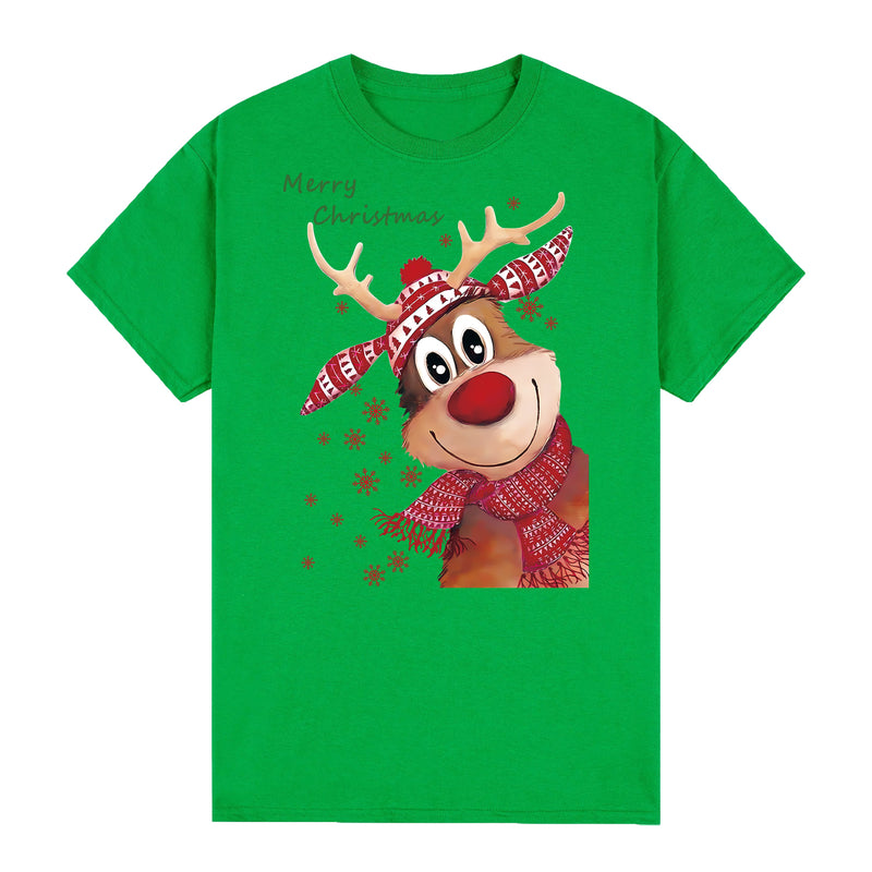 Adult Unisex Cotton Christmas T-Shirt – Reindeer (Green), 2XL