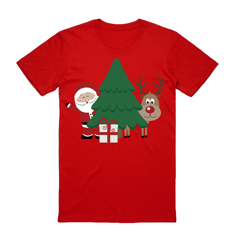Adult Unisex Cotton Christmas T-Shirt – Santa with Tree (Red), L