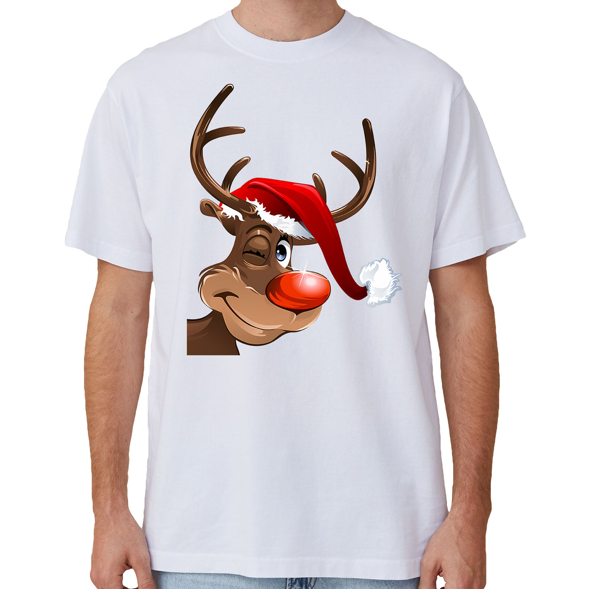 Adult Unisex Cotton Christmas T-Shirt – Reindeer Wink (White), L