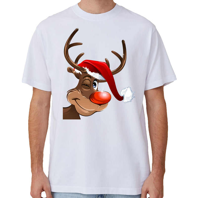 Adult Unisex Cotton Christmas T-Shirt – Reindeer Wink (White), L
