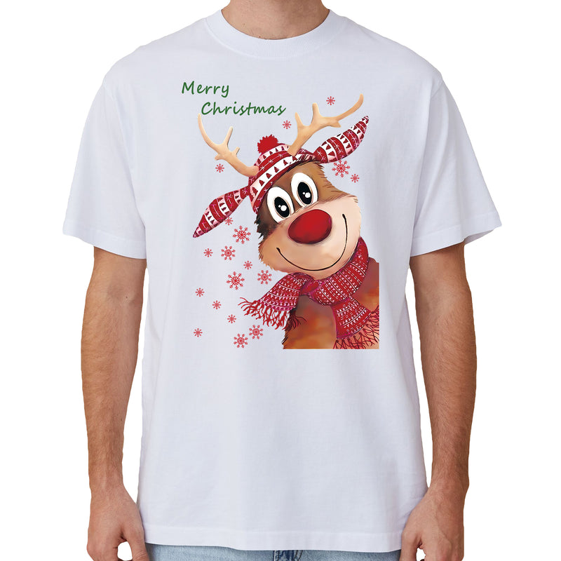 Adult Unisex Cotton Christmas T-Shirt – Reindeer (White), 2XL