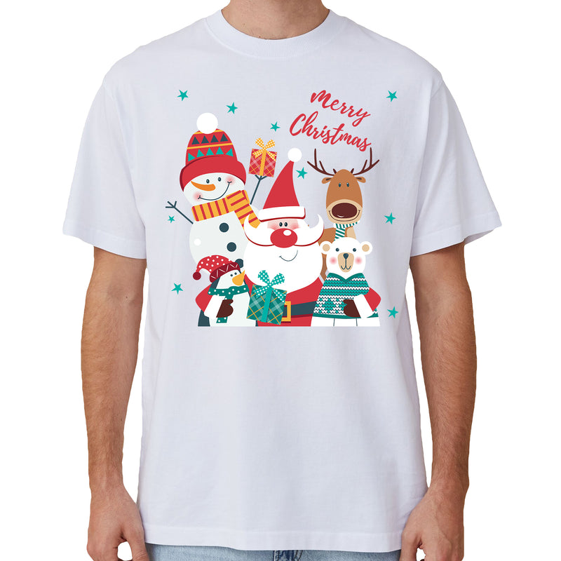 Adult Unisex Cotton Christmas T-Shirt – Santa Gathering (White), M