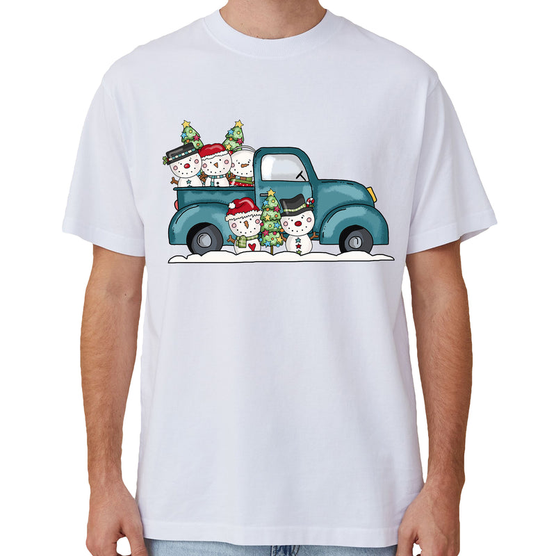Adult Unisex Cotton Christmas T-Shirt – Car with Snowman (White), L