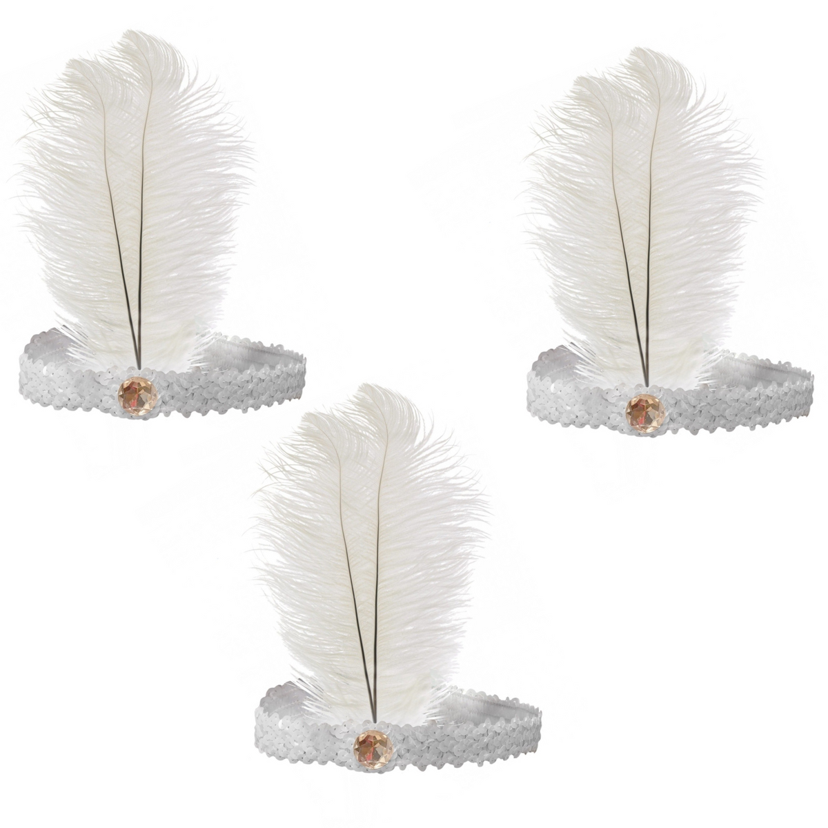 BR Costumes Sequin and Feather Flapper Headband – White, 3-Pack