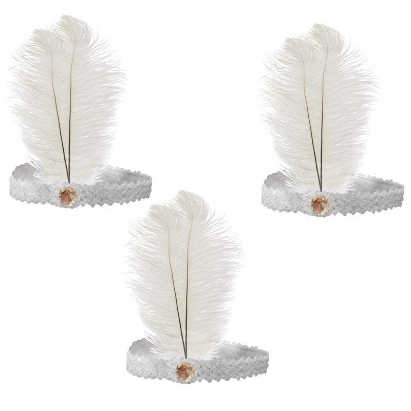 BR Costumes Sequin and Feather Flapper Headband – White, 3-Pack