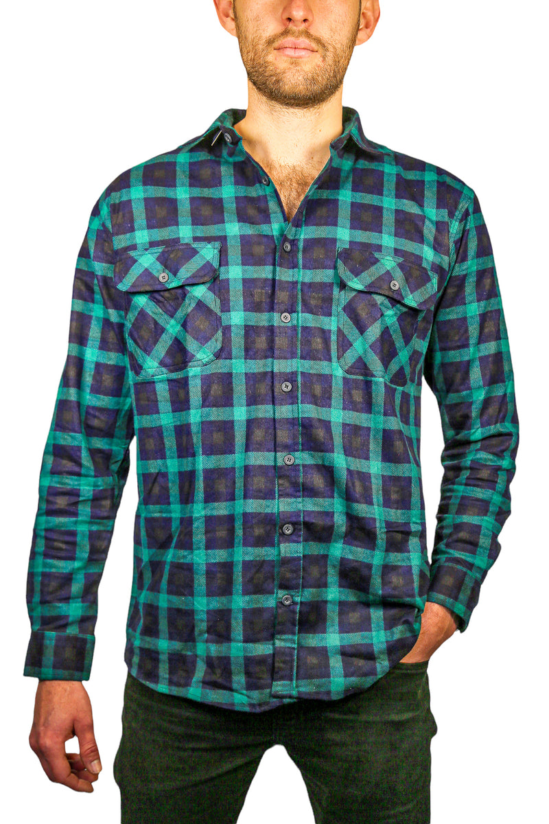 Jacksmith Men's 100% Cotton Long-Sleeve Flannelette Shirt – Green/Navy, Size 5XL