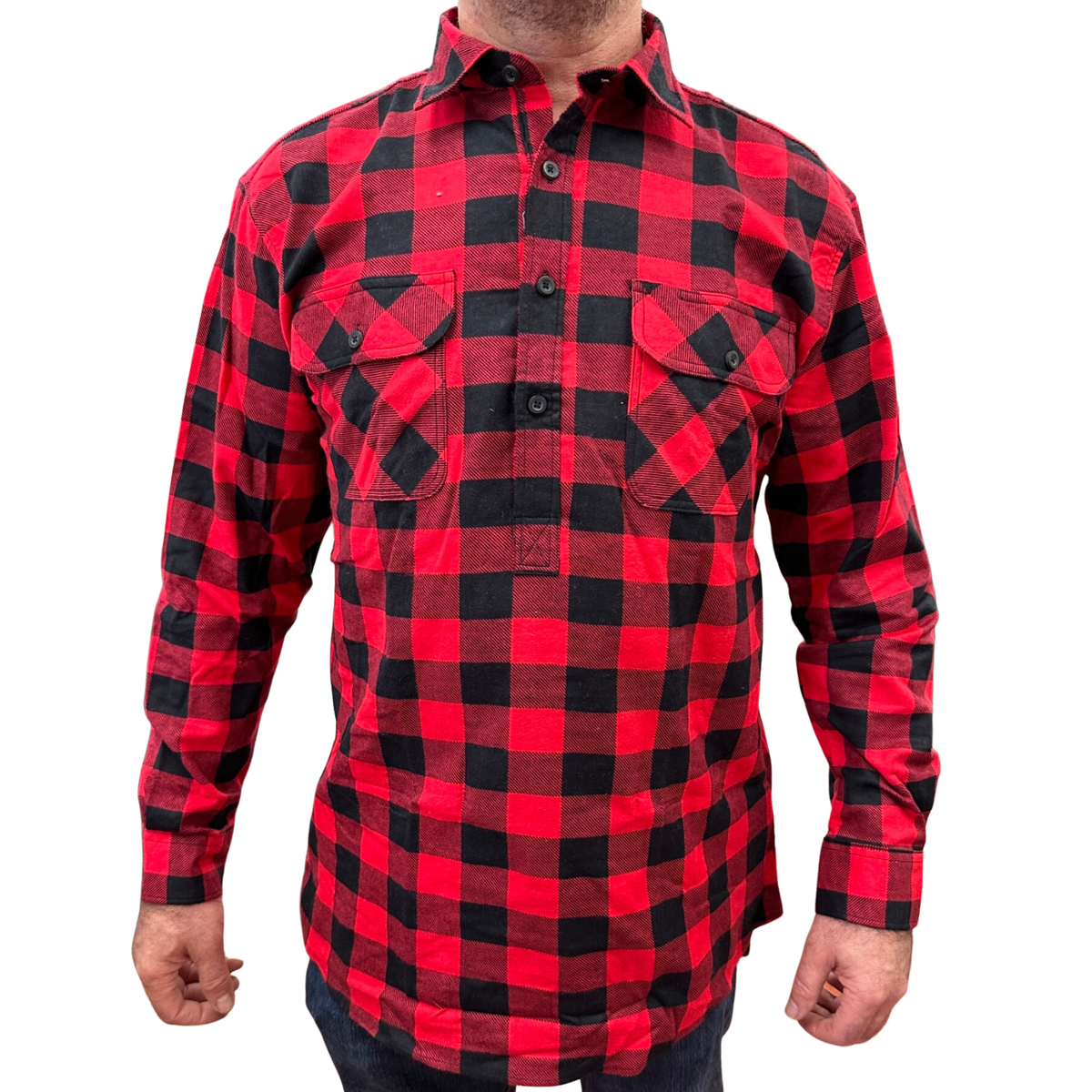Jacksmith Men's 100% Cotton Half-Placket Flannelette Pullover Shirt – Red/Black, Size 6XL