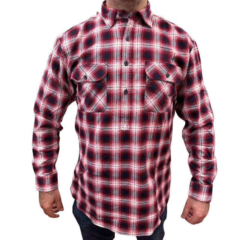 Jacksmith Men's 100% Cotton Half-Placket Flannelette Pullover Shirt – Red/Navy, Size 7XL
