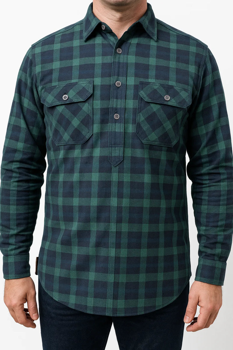 Jacksmith Men's 100% Cotton Half-Placket Flannelette Pullover Shirt – Green/Navy, Size 7XL