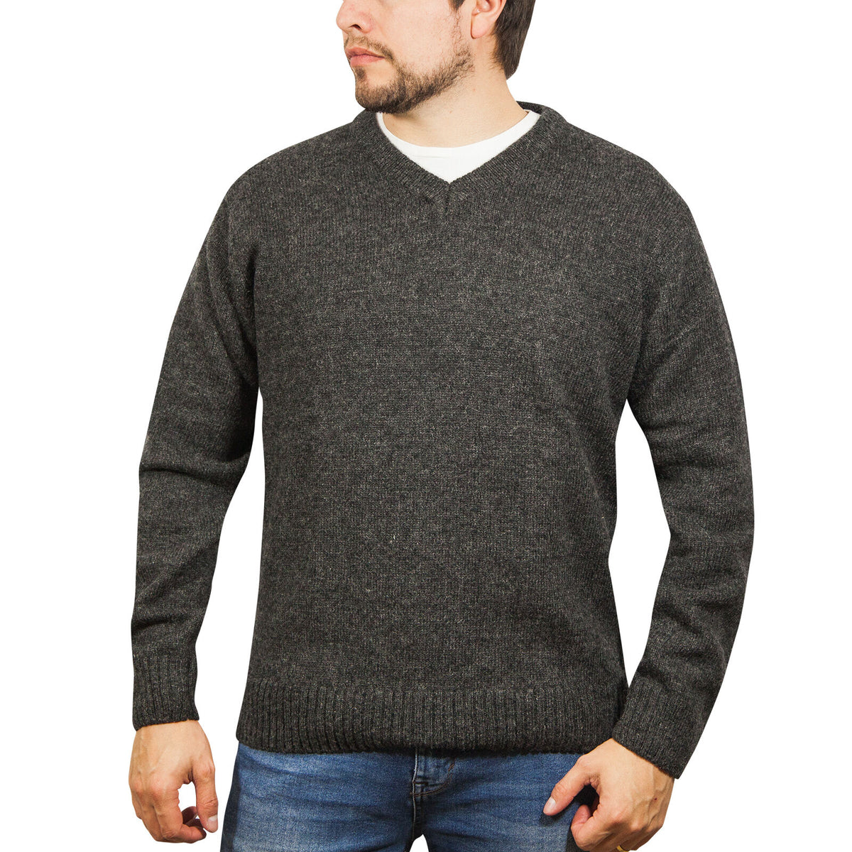 Jacksmith Men's 100% Shetland Ragg Wool V-Neck Jumper – Charcoal, Size L