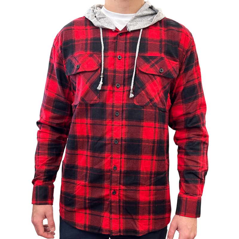 Jacksmith Men's 100% Cotton Hooded Long-Sleeve Flannelette Shirt – Red, Size 2XL