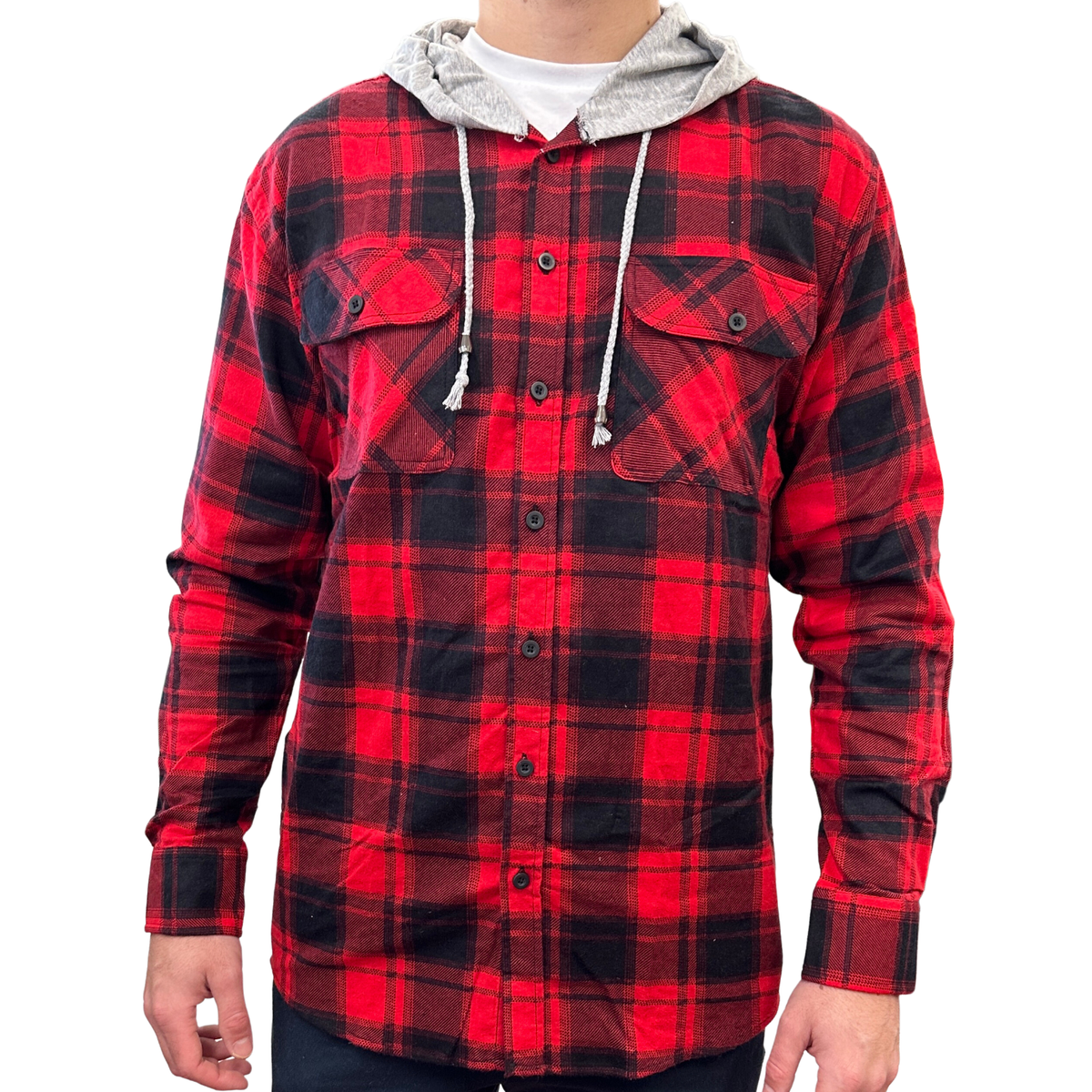 Jacksmith Men's 100% Cotton Hooded Long-Sleeve Flannelette Shirt – Red, Size 3XL