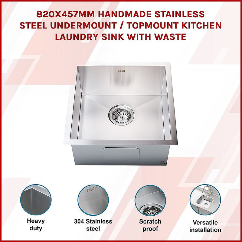 820x457mm Handmade 1.2mm Stainless Steel Undermount Topmount Kitchen Laundry Sink with Waste