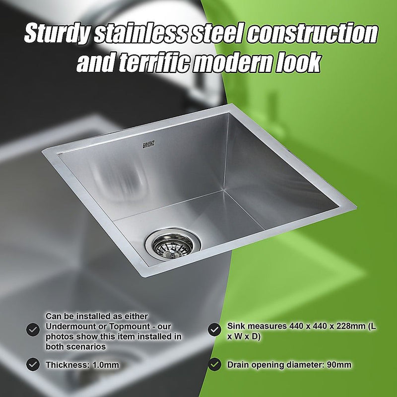 440x440mm Handmade 1mm 20 Gauge Stainless Steel Kitchen Laundry Sink with Waste
