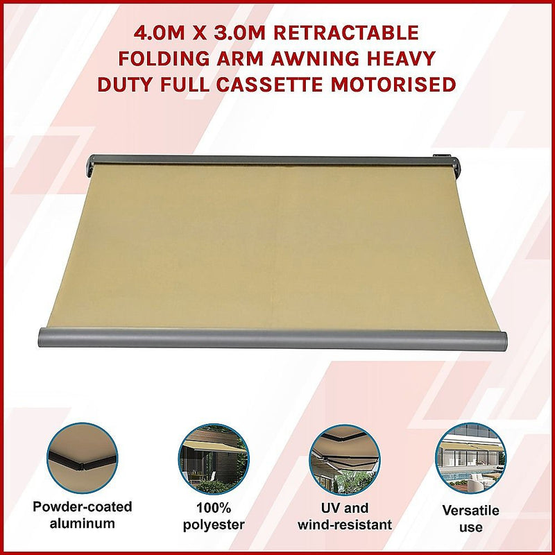 Motorised Retractable Awning – 4x3m Beige Full Cassette Design
