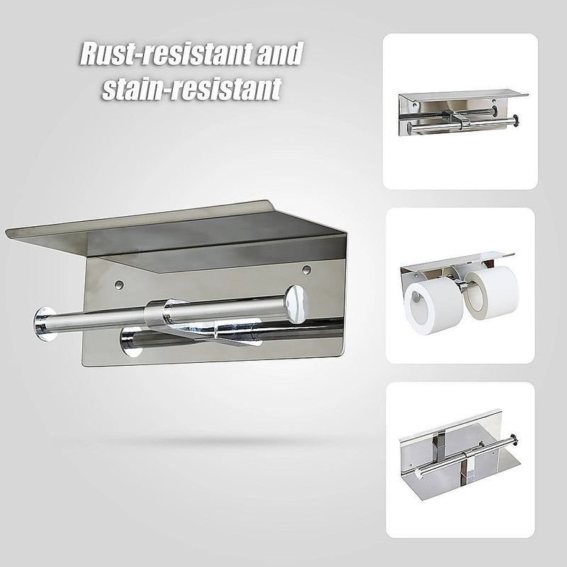 Stainless Steel Double Toilet Paper Holder Towel Roll Tissue Rack Storage Shelf