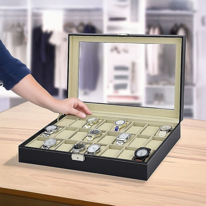 Watch Box - 24 Slot Display Case With Framed Glass Lid