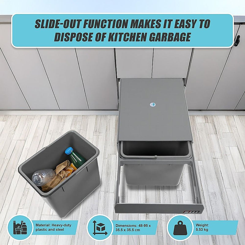 2x 15L Pull Out Trash Bin Dual Kitchen Garbage Waste Basket Cabinet Bin