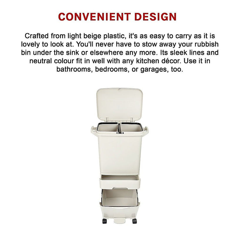 42L Rubbish Bin Waste Trash Can Pedal Recycling Kitchen Wheel 2 Compartment