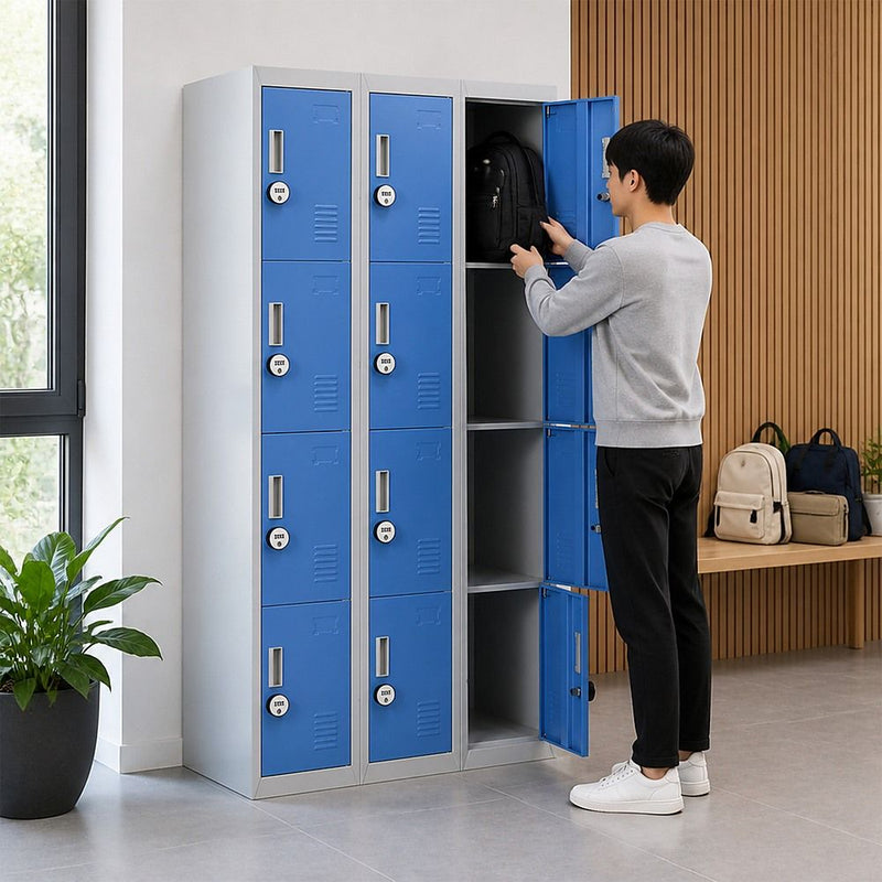12-Door Steel Locker – Grey with Blue Door, 4-Digit Combination Lock
