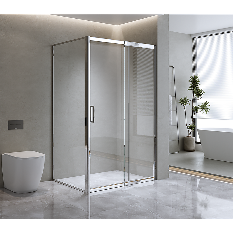 Della Francesca Single-Door Sliding Corner Shower Screen – Nominal 140x92cm, Chrome, Square Chrome Handle