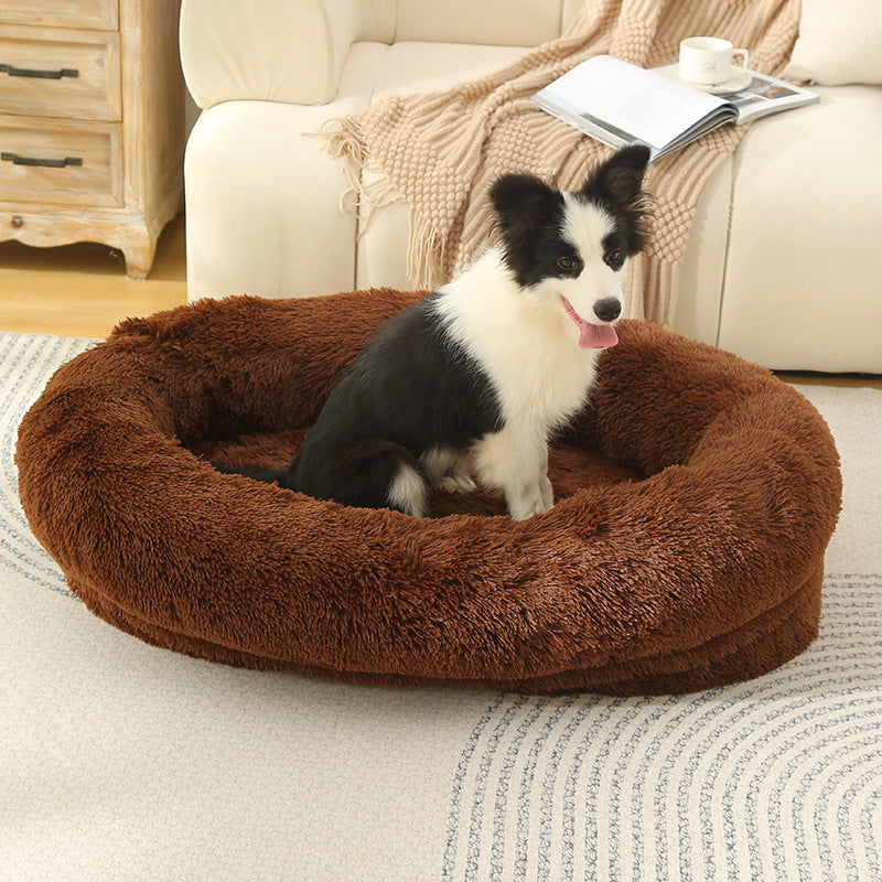 Raised-Rim Plush Pet Bed – Coffee, Size M, 75 × 55 × 18 cm