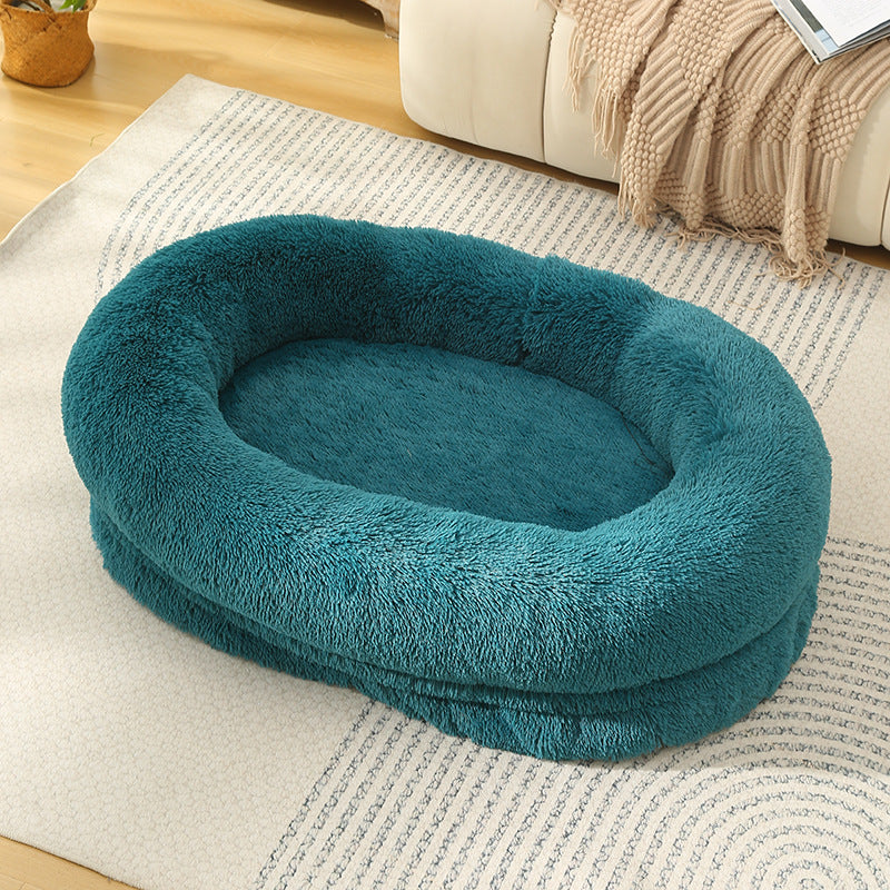 Raised-Rim Plush Pet Bed – cyan blue, Size L, 90 × 65 × 20 cm
