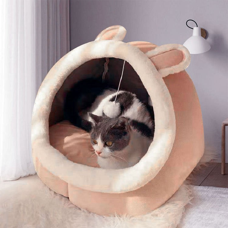 Pink Half-Enclosed Cat Bed - Soft Short Velvet Fabric with Sponge + PP Cotton Filling, S Size (28 × 28 × 30 cm)