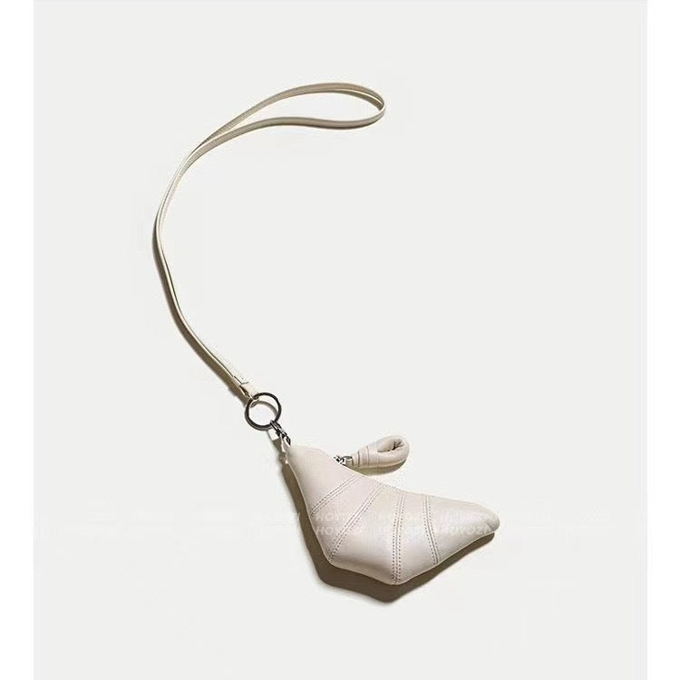 White Cute Crossbody Coin Purse – Mini Croissant Design Shoulder Bag – Small PU Leather Portable Makeup & Earphone Pouch