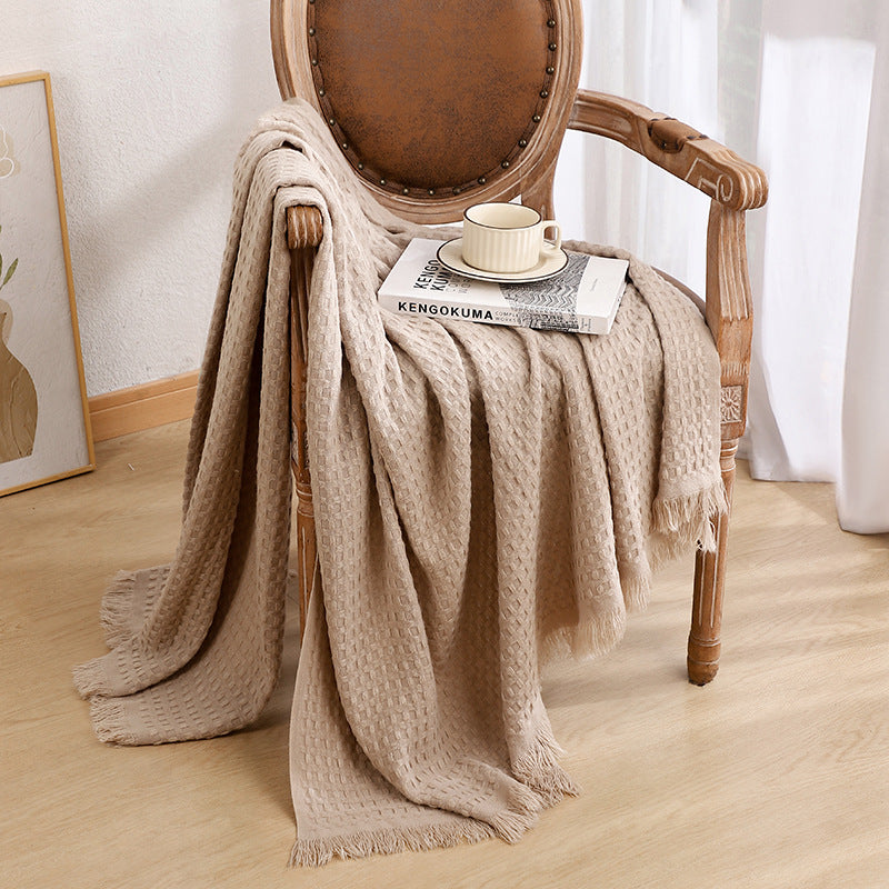 130 × 230 cm Khaki Nordic Solid Colour Knitted Sofa Throw Blanket with Tassels - Waffle Weave Polyester Decorative Blanket