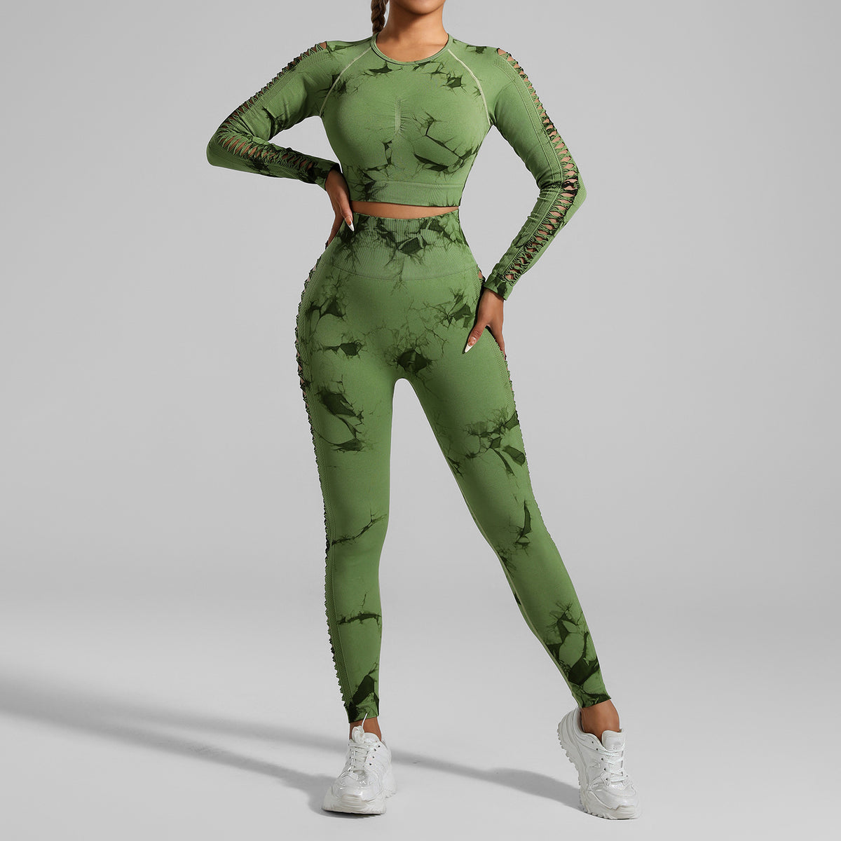 Elosung Women's Tie-Dye Yoga Top and Leggings Set – Grass Green, Size L